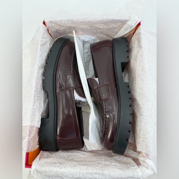 Tory Burch Burgundy Leather Platform Loafers Chunky Lug Sole Slip On Shoes SZ 7 - Picture 4 of 17